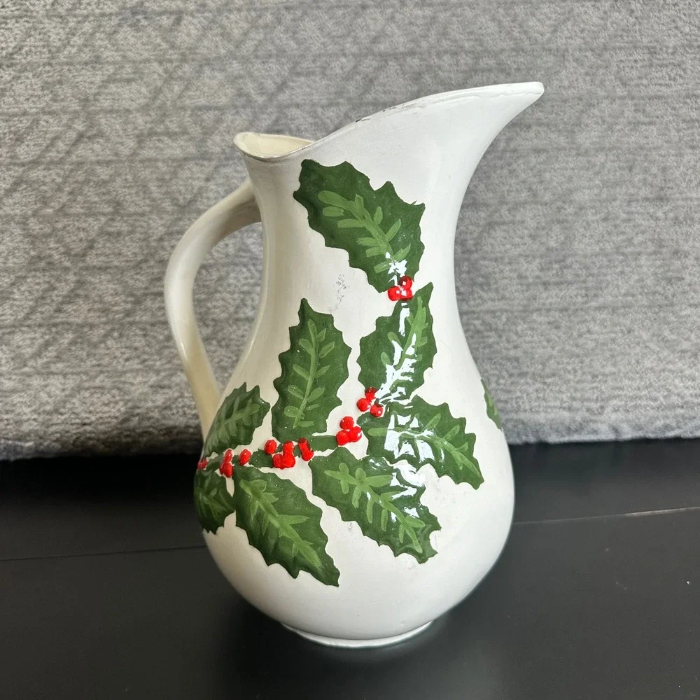 White Pitcher Vintage Holly Berry Christmas Ceramic‎ Decorative